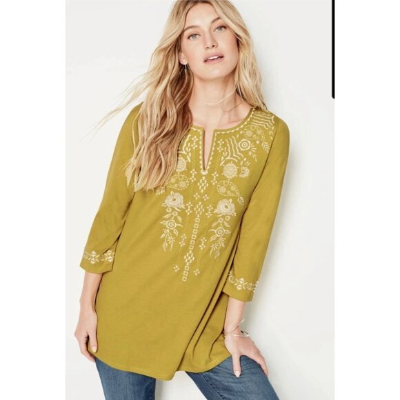 NEW J. Jill Tunic Top Size 2X Chartreuse Floral Embroidered Boho Tiny Flaw - Picture 1 of 13